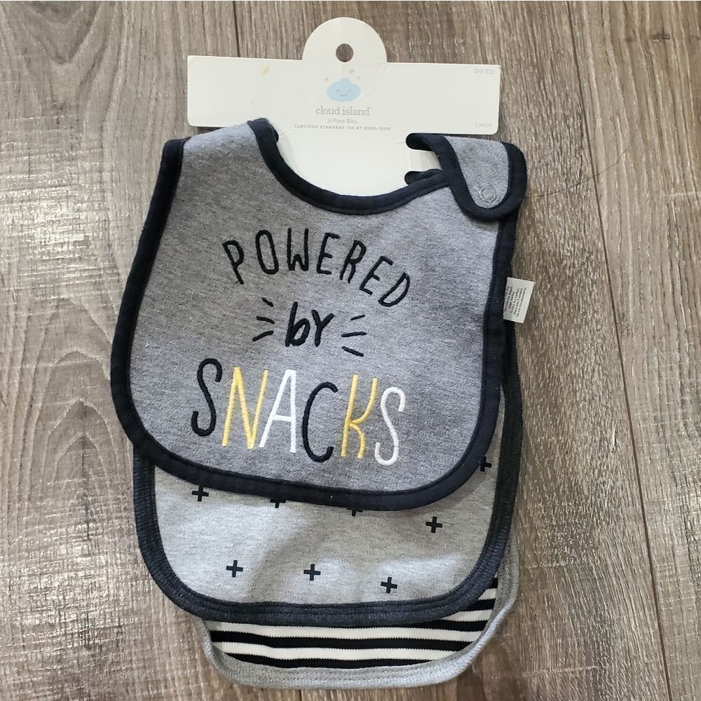NEW Baby Bibs Cloud Island Gray and Black Snack Bib Set 3 Pieces